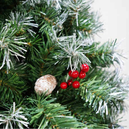 Brad artificial decorat cu conuri pin nins de Craciun 1.8m, interior/exterior, 760 ramuri, suport metalic inclus, Verde