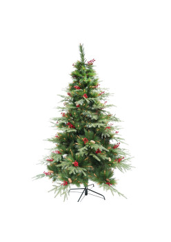 Brad artificial decorat cu conuri pin rosii de Craciun, pentru interior/exterior, inaltime 210 cm, diametru 142 cm, 767 ramuri, suport metalic inclus, Verde