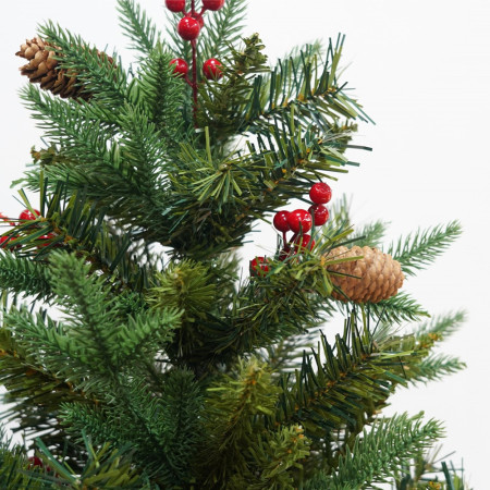 Brad Artificial Decorat conuri de pin si fructe rosii de Craciun, 1.5 m inaltime, Interior/ Exterior, Verde