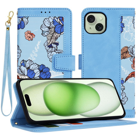 Husa FlipCraft pentru iPhone 15 Plus - Protectie 360, Design Floral, Vibrant Blue