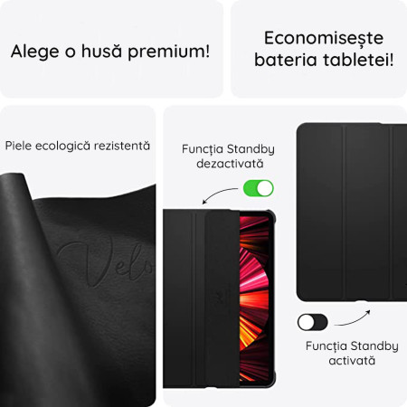 Husa Smart Fold Plus compatibila cuiPad Air 4 / 5 (2020/2022) / iPad Pro 11 (2018 / 2020 / 2021 / 2022) HTPMAG - Black
