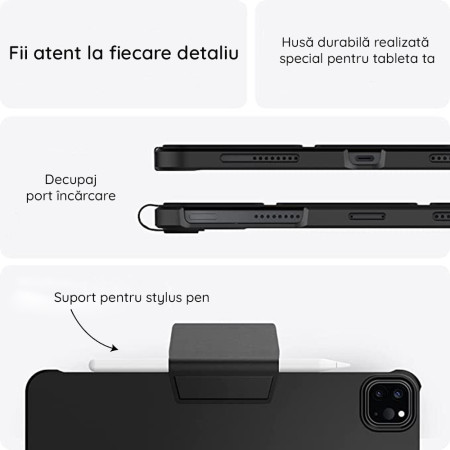 Husa Smart Fold Plus compatibila cuiPad Air 4 / 5 (2020/2022) / iPad Pro 11 (2018 / 2020 / 2021 / 2022) HTPMAG - Black