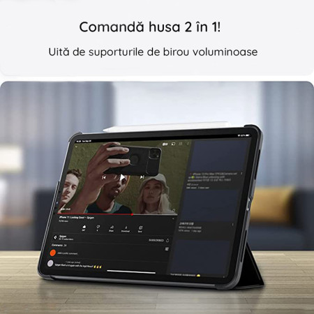 Husa Smart Fold Plus compatibila cuiPad Air 4 / 5 (2020/2022) / iPad Pro 11 (2018 / 2020 / 2021 / 2022) HTPMAG - Black
