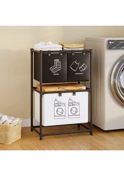 Dulap de Baie cu doua straturi si Cos pentru Rufe, 97x44x57 cm, Negru