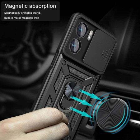 Husa telefon compatibila Oppo A57, protectie camera Slide and Snap Soft Premium, Magnetic Ring Holder, PopGrip, Anti-Shock, Negru