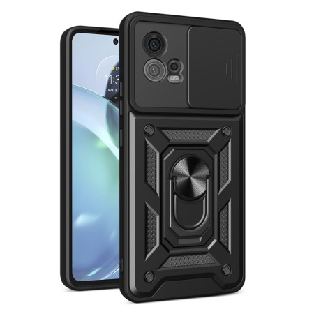 Husa telefon compatibila Motorola Moto G72, protectie camera Slide and Snap Soft Premium, Magnetic Ring Holder, PopGrip, Anti-Shock, Negru
