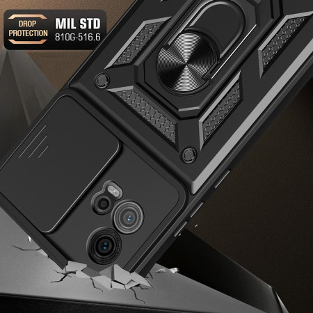Husa telefon compatibila Motorola Moto G72, protectie camera Slide and Snap Soft Premium, Magnetic Ring Holder, PopGrip, Anti-Shock, Negru