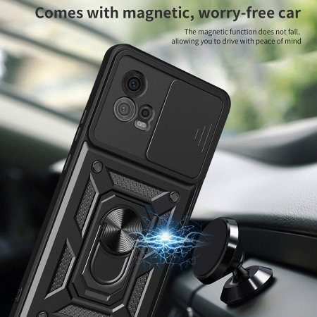Husa telefon compatibila Motorola Moto G72, protectie camera Slide and Snap Soft Premium, Magnetic Ring Holder, PopGrip, Anti-Shock, Negru