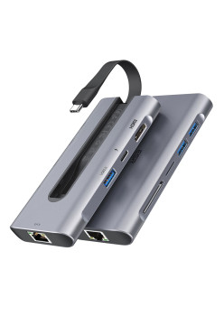 Hub 8 in 1 ESR Docking RJ45, 3 x USB, 2 x Type-C, HDMI, SD Card, Micro SD Card, Grey