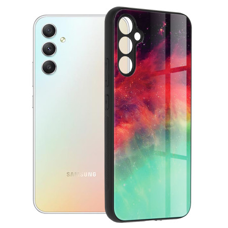 Husa telefon compatibila Samsung Galaxy A34, Glass Spate din Sticla Securizata, Fiery Ocean