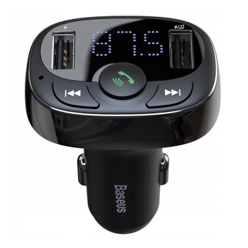 Modulator FM Baseus, Incarcare rapida, Functie de incarcator auto, T Typed, 2xUSB-A cu LED Display, Negru