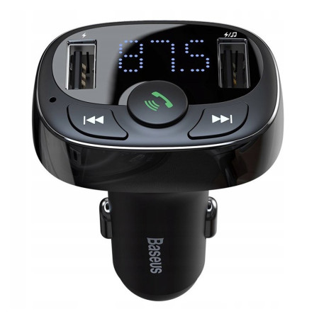 Modulator FM Baseus, Incarcare rapida, Functie de incarcator auto, T Typed, 2xUSB-A cu LED Display, Negru
