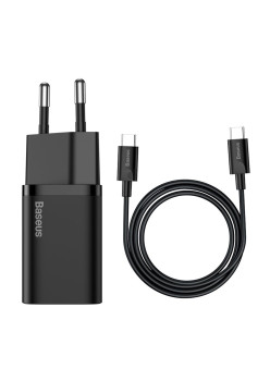 Incarcator Priza Baseus USB-C, PD25W, 3A cu Cablu Type-C to Type-C, 1m, Negru