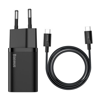 Incarcator Priza Baseus USB-C, PD25W, 3A cu Cablu Type-C to Type-C, 1m, Negru