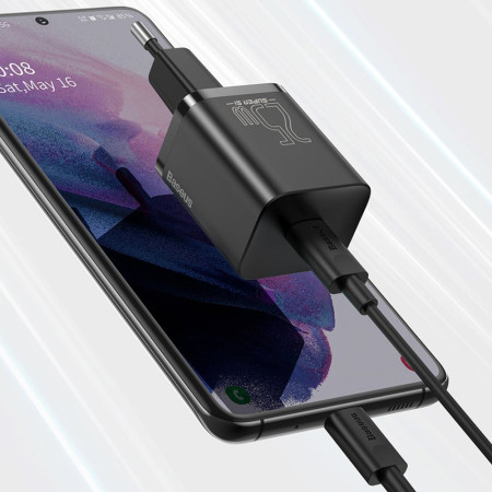 Incarcator Priza Baseus USB-C, PD25W, 3A cu Cablu Type-C to Type-C, 1m, Negru