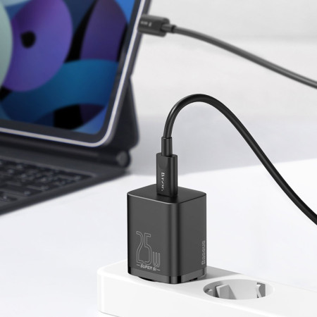 Incarcator Priza Baseus USB-C, PD25W, 3A cu Cablu Type-C to Type-C, 1m, Negru