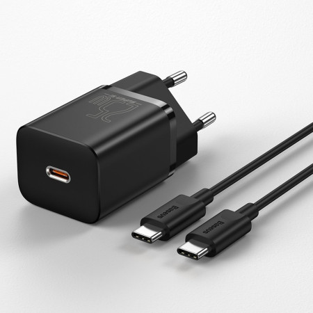 Incarcator Priza Baseus USB-C, PD25W, 3A cu Cablu Type-C to Type-C, 1m, Negru