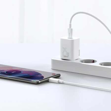 Incarcator Priza Baseus USB-C, PD25W, 3A cu Cablu Type-C to Type-C, 1m, Alb