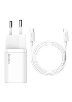 Incarcator Priza Baseus USB-C, PD25W, 3A cu Cablu Type-C to Type-C, 1m, Alb