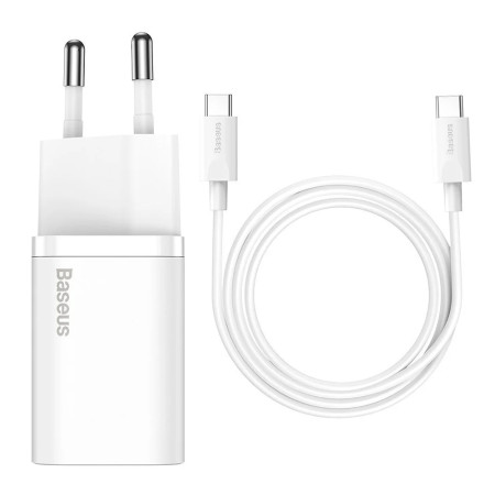 Incarcator Priza Baseus USB-C, PD25W, 3A cu Cablu Type-C to Type-C, 1m, Alb