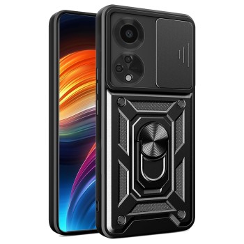 Husa telefon compatibila Oppo A98, protectie camera Slide and Snap Soft Premium, Magnetic Ring Holder, PopGrip, Anti-Shock, Negru