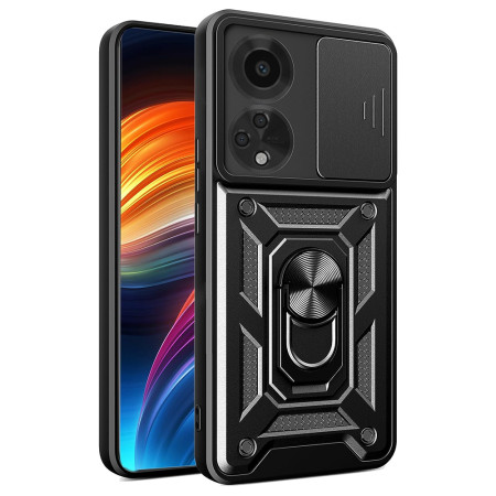 Husa telefon compatibila Oppo A98, protectie camera Slide and Snap Soft Premium, Magnetic Ring Holder, PopGrip, Anti-Shock, Negru