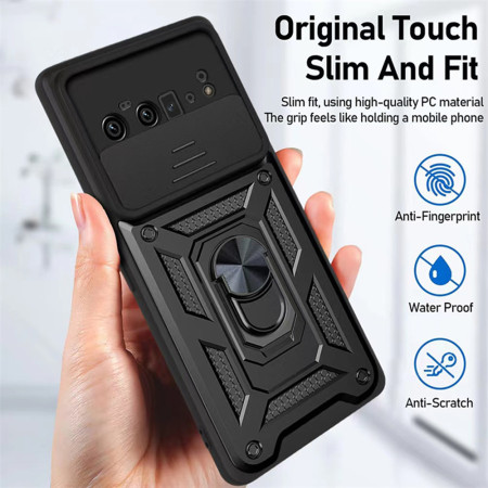Husa telefon compatibila Google Pixel 8 Pro, protectie camera Slide and Snap Soft Premium, Magnetic Ring Holder, PopGrip, Anti-Shock, Negru