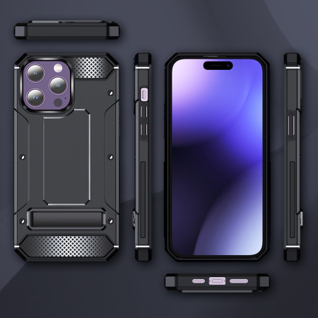 Husa Antisoc compatibila Apple iPhone 15 Pro, Kickstand, Negru