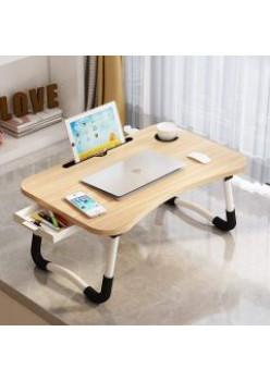 Masa plianta pentru Laptop cu suport pahar si telefon, MDF si Metal, 60 x 39,5 cm, Nature