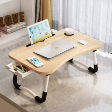 Masa plianta pentru Laptop cu suport pahar si telefon, MDF si Metal, 60 x 39,5 cm, Nature