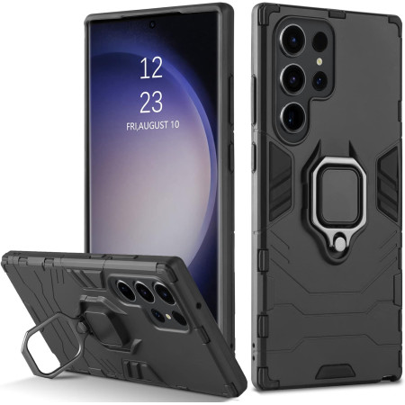 Husa Ring Defender compatibila Samsung Galaxy S24 Ultra, Antishock Armor, Inel rotativ 360 grade, Magnet suport auto incorporat, TPU si PC, Negru