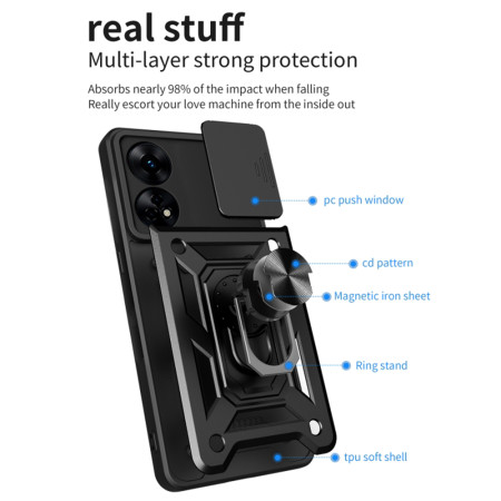 Husa telefon compatibila Oppo A78 4G, protectie camera Slide and Snap Soft Premium, Magnetic Ring Holder, PopGrip, Anti-Shock, Negru