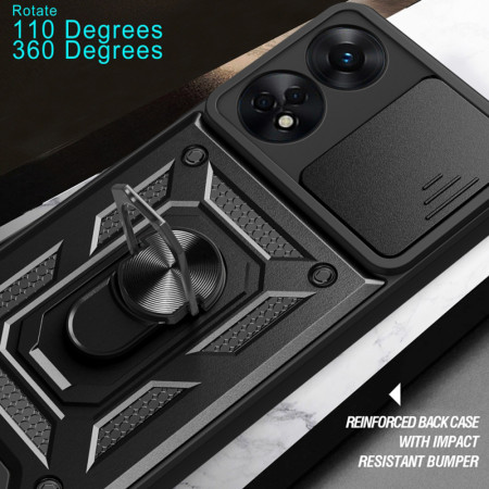 Husa telefon compatibila Oppo A78 4G, protectie camera Slide and Snap Soft Premium, Magnetic Ring Holder, PopGrip, Anti-Shock, Negru