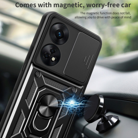Husa telefon compatibila Oppo A78 4G, protectie camera Slide and Snap Soft Premium, Magnetic Ring Holder, PopGrip, Anti-Shock, Negru