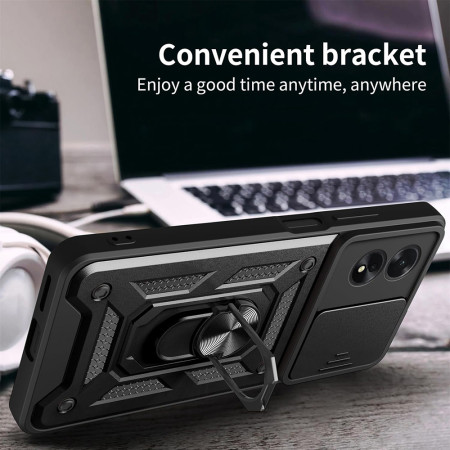 Husa telefon compatibila Oppo A38, Slide & Snap Premium, Magnetic Ring Holder, Negru