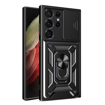 Husa telefon compatibila Samsung Galaxy S21 Ultra 5G, Slide & Snap Premium, Magnetic Ring Holder, Negru