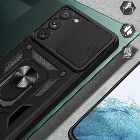 Husa telefon compatibila Samsung Galaxy S22 Ultra 5G, Slide & Snap Premium, Magnetic Ring Holder, Negru