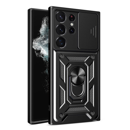 Husa telefon compatibila Samsung Galaxy S22 Ultra 5G, Slide & Snap Premium, Magnetic Ring Holder, Negru