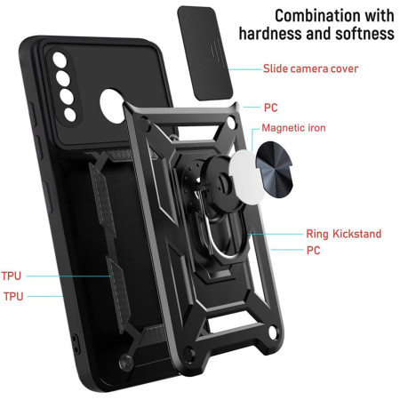 Husa telefon compatibila Huawei P30 Lite / P30 Lite New Edition, Slide & Snap Premium, Magnetic Ring Holder, Negru