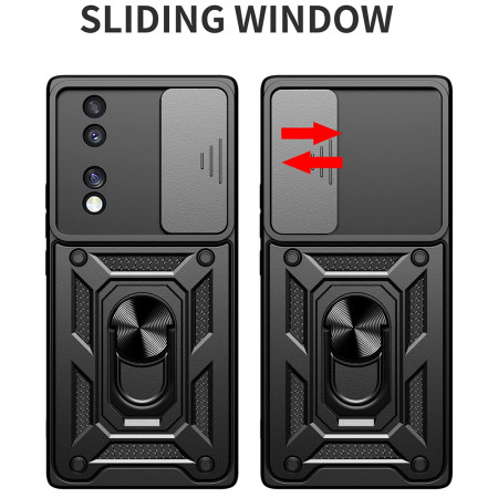 Husa telefon compatibila Honor 70, Slide & Snap Premium, Magnetic Ring Holder, Negru
