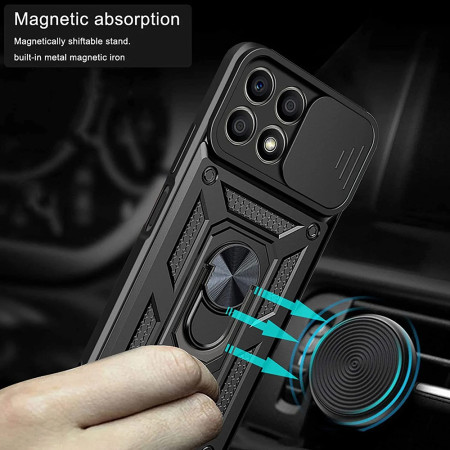 Husa telefon compatibila Honor X6 / X8 5G / 70 Lite, Slide & Snap Premium, Magnetic Ring Holder, Negru