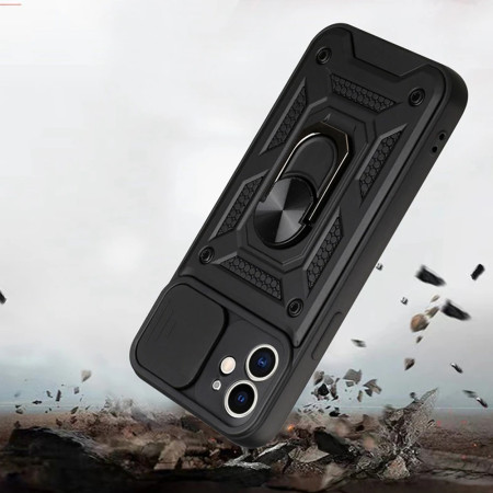 Husa telefon compatibila Apple iPhone 11, Slide & Snap Premium, Magnetic Ring Holder, PopGrip, Anti-Shock, Negru