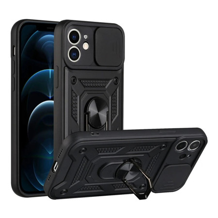 Husa telefon compatibila Apple iPhone 11, Slide & Snap Premium, Magnetic Ring Holder, PopGrip, Anti-Shock, Negru