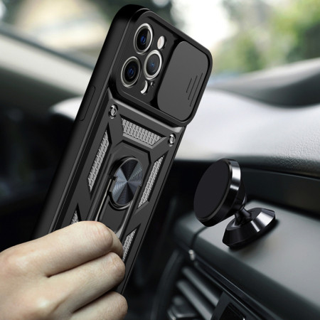 Husa telefon compatibila Apple iPhone 12 Pro Max, Slide & Snap Premium, Magnetic Ring Holder, PopGrip, Anti-Shock, Negru