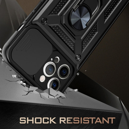Husa telefon compatibila Apple iPhone 12 Pro Max, Slide & Snap Premium, Magnetic Ring Holder, PopGrip, Anti-Shock, Negru