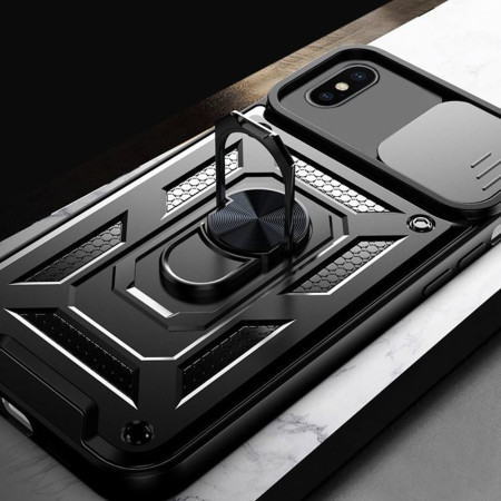Husa telefon compatibila iPhone X / XS, Slide & Snap Premium, Magnetic Ring Holder, PopGrip, Anti-Shock, Negru