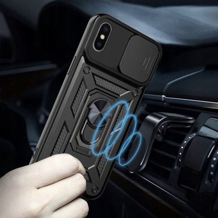 Husa telefon compatibila iPhone X / XS, Slide & Snap Premium, Magnetic Ring Holder, PopGrip, Anti-Shock, Negru