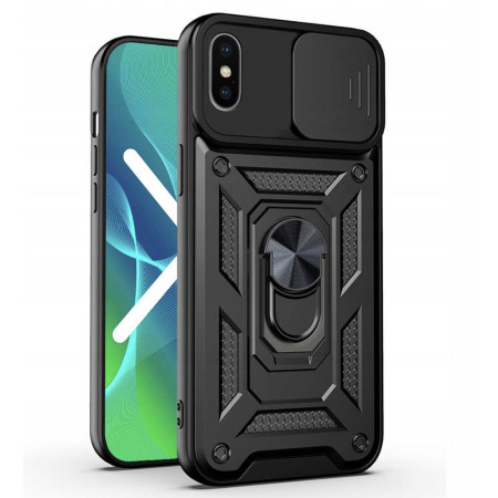 Husa telefon compatibila iPhone XS Max, Slide & Snap Premium, Magnetic Ring Holder, PopGrip, Anti-Shock, Negru