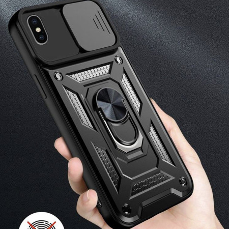 Husa telefon compatibila iPhone XS Max, Slide & Snap Premium, Magnetic Ring Holder, PopGrip, Anti-Shock, Negru