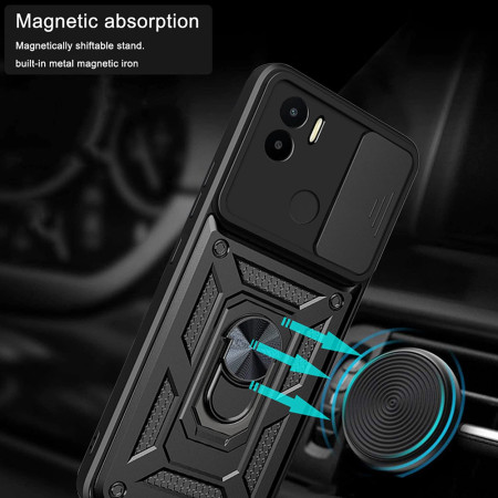 Husa telefon compatibila Xiaomi Redmi A1 Plus / A2 Plus, Slide & Snap Premium, Magnetic Ring Holder,  Negru